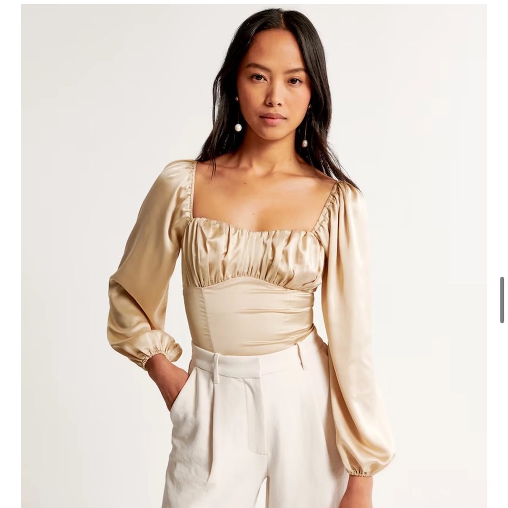 Abercrombie Satin Puff Sleeve Beige Gold Top Medium